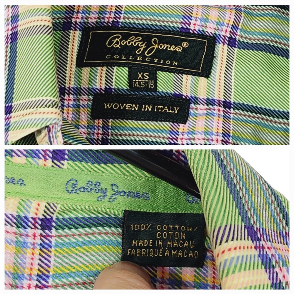 Bobby Jones Collection XS Button Down Shirt Mens 14.5-15 Plaid Green Blue Italy‎ - Picture 3 of 13